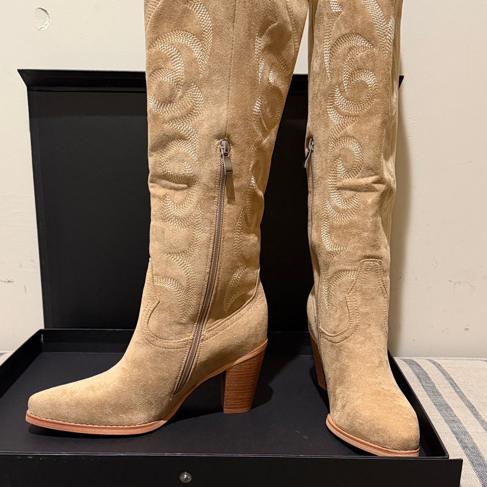 Isnom Tan Faux Suede Over the Knee-High Boots - Picture 4 of 13